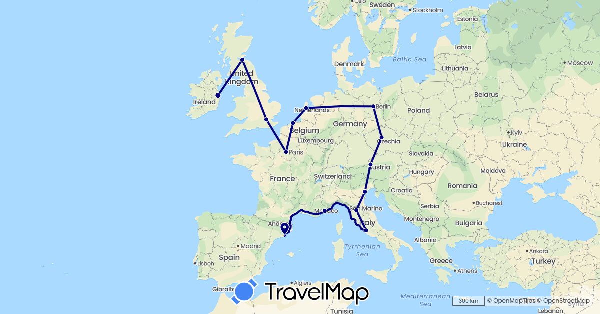 TravelMap itinerary: driving in Austria, Belgium, Czech Republic, Germany, Spain, France, United Kingdom, Ireland, Italy, Netherlands (Europe)