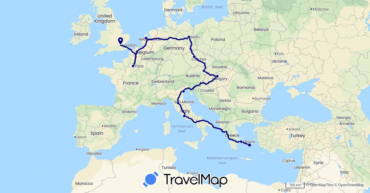 TravelMap itinerary: driving in Austria, Czech Republic, Germany, France, United Kingdom, Greece, Hungary, Italy, Netherlands (Europe)