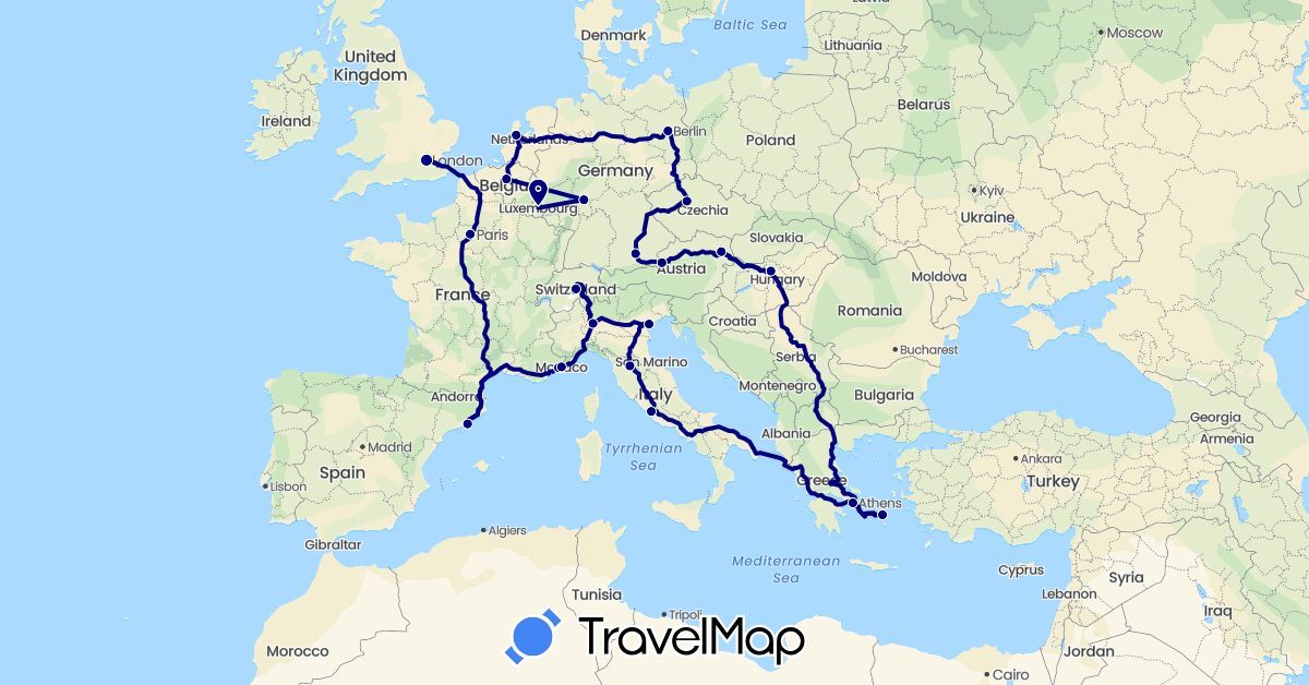 TravelMap itinerary: driving in Austria, Belgium, Switzerland, Czech Republic, Germany, Spain, France, United Kingdom, Greece, Hungary, Italy, Luxembourg, Monaco, Netherlands, Vatican City (Europe)